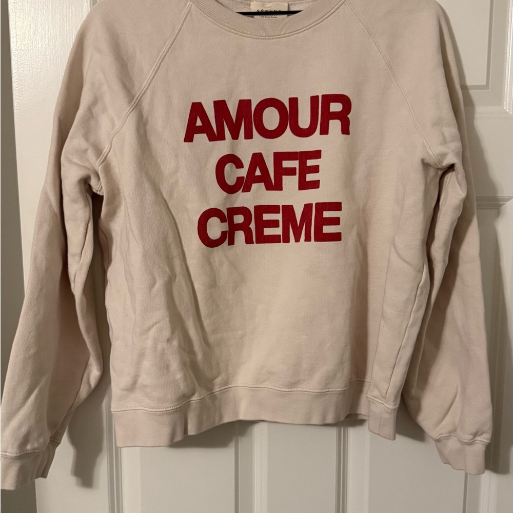 Sezane Cream Sweater with Red Lettering